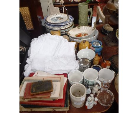 A COLLECTION OF CERAMIC HONEY POTS, a quantity of ceramics, books and a vintage lady's Edwardian nightdress (as lotted)