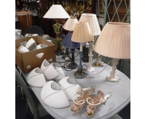 A GREEN TABLE LAMP  with pleated shade, a collection of similar table lamps, a pair of cream and gilt wall lights and a quant