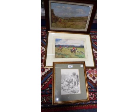 A WATERCOLOUR OF A HUNTING SCENE, a similar print and  a pencil sketch of beagles 