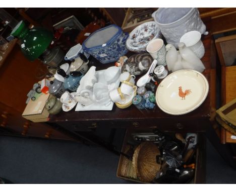 A BLUE AND WHITE CERAMIC PLANT POT, a Derby cup and saucer and decorative ceramics and a collection of kitchen sundries (boxe