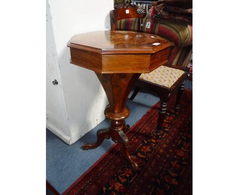A VICTORIAN FIGURED WALNUT WORK TABLE with an octagonal top on a tripod base 
