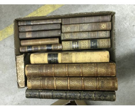 Two boxes of antiquarian and other leather bound books to include "The Art Journal" 1849 and 1850, "The Life of Catherine II 