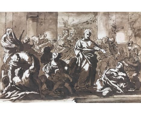 CIRCLE OF PIOLA DOMENICO (Geneva 1627-1703) "Christ healing the sick", pen and ink and sepia wash sketch, image size approx 3