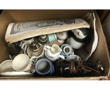 A box of assorted china wares to include a Royal Worcester transfer decorated mask jug, Royal Worcester trinket dish, various