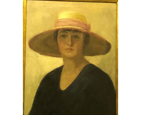 EARLY 20TH CENTURY ENGLISH SCHOOL "Woman in straw hat and blue dress", portrait study, head and shoulders, oil on canvas, uns