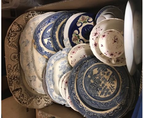 Four boxes of sundry china and glass to include transfer decorated serving platters, decanters, thermos flask, etc, together 