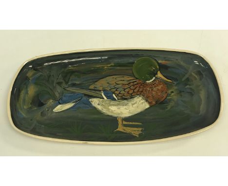 A box of sundry decorative china and metal wares to include a Stuart Bass Exmoor Mallard decorated platter, a pewter teapot, 