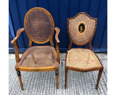 A late 19th Century Adam Revival satinwood and painted elbow chair with caned back and seat on turned legs, together with ano