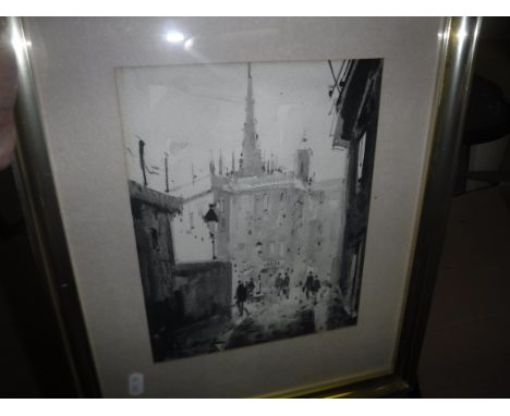 DINZ “Street scene with figures”, monochrome wash, signed lower left, bears old label verso, together with ARTHUR SUT (possib