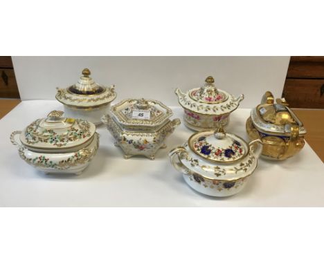 A collection of seven 19th Century sucriers and covers including a circa 1835 Ridgway example, gilt and floral spray decorate