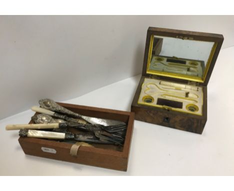 A collection of various objets de vertus including a burr walnut manicure box with bone / ivory fittings (scissors and knife 