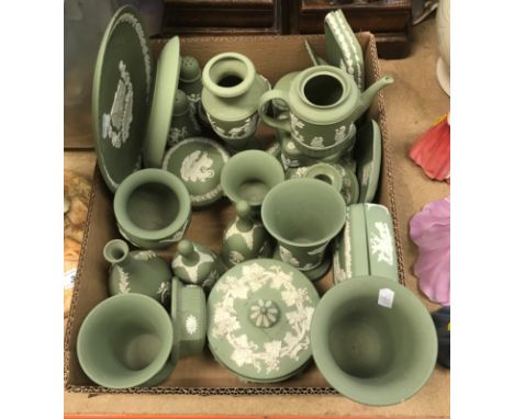 A collection of Wedgwood green Jasper ware, various, comprising plates, dishes, vase, salt and pepper, miniature teapot, vase