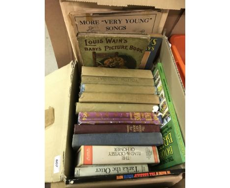 Four boxes of childrens' books and books on the subject of games, etc to include A A MILNE "More Very Young Song" with illust