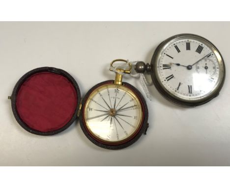 A 19th Century yellow metal cased pocket compass by J Davis of Derby, housed in a burgundy leather case, together with a silv