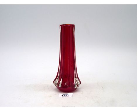 A rare "Whitefriars" eight sided ruby red Vase, no, 9781 having thick clear casing and designed by "Geoffrey Baxter" in 1961.