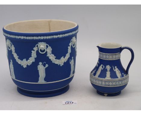 A large 19th century Wedgwood dark blue Jasperware Planter having classical scenes and swag decoration, 8" diameter x 7" tall