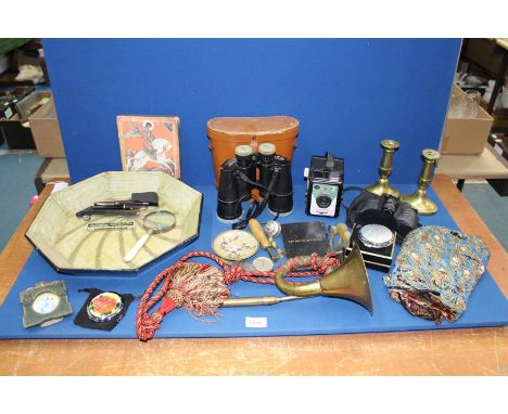 A quantity of miscellanea including; a pair of brass candlesticks, boxed Stratton compact, a shawl having peacock design, cas