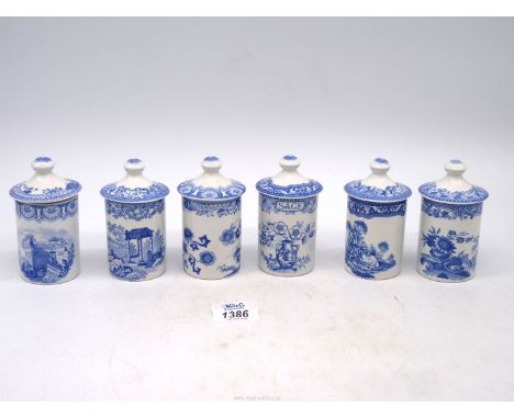 Six classic Spode blue and white spice jars in various patterns, 4 1/4" tall approx.