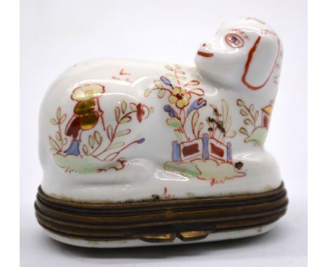 A circa 1750 rare French Saint Cloud soft paste bonbonniere or snuff box in the shape of a recumbent dog painted in Chinoiser