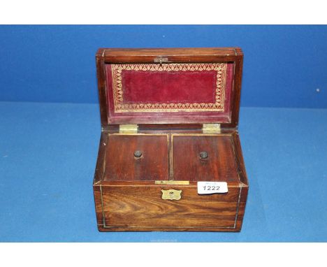 A small wooden Tea Caddy having tooled red leather to interior lid and brass escutcheon, 8" wide x 4 1/2" deep x 5" high.