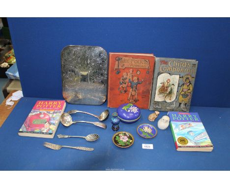 A small quantity of miscellanea including cloisonne pot, vase and saucers, children's books, plated table mat, etc.