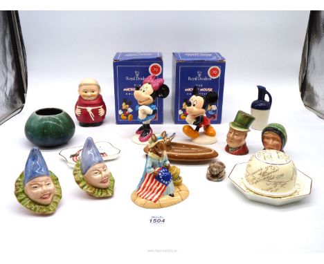 A quantity of china including Royal Doulton Mickey and Minnie Mouse figures (boxed), Goebel monk money box, Wade dish, Beswic