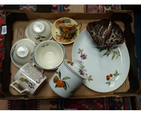 A small quantity of china to include; Aynsley cup & saucer, Kernewek Brown basket, Royal Worcester 'Evesham' meat plate and s