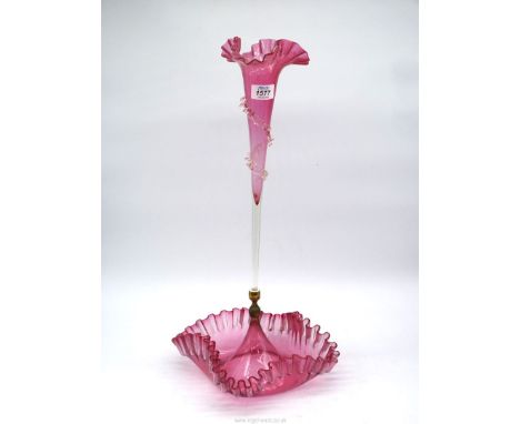 A Cranberry single stemmed Epergne with ruffled edges, 21 3/4" tall 
