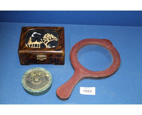 A brass forty year Calendar mounted in green marble paperweight, Chinese jewellery box diorama in cork and boxwood in lid plu