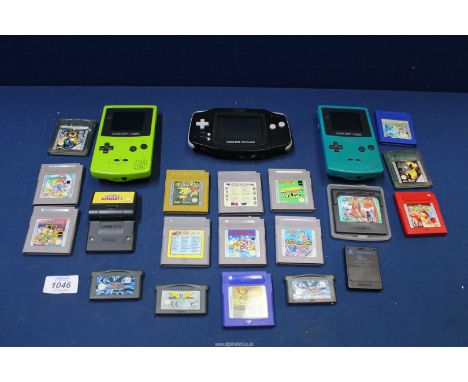 A Nintendo Game Boy Advance console and two Game Boy colour consoles, a quantity of games including Pokemon, Super Mario land