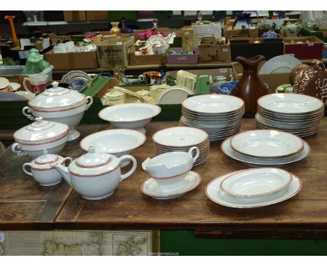 A large quantity of Baden Porcelain Art Deco white china with red/orange and gold banding to include eleven dinner plates, tw