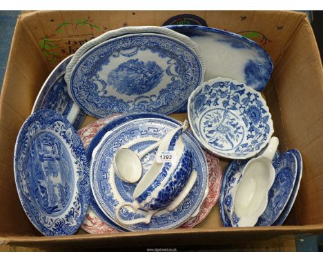 A quantity of blue and white china including Spode "Italian" tea plates etc plus one pink and white meat plate