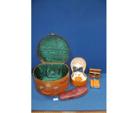 A vanity case with green lining, collar and stud box and contents, Selfridges travel slippers, hip flask and brush and comb s