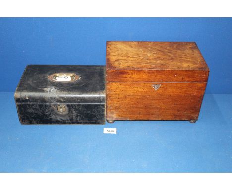 A 19th century black and gilt leather Writing Box having fitted blue velvet interior, with key, 10" x 7", plus a large 19th c