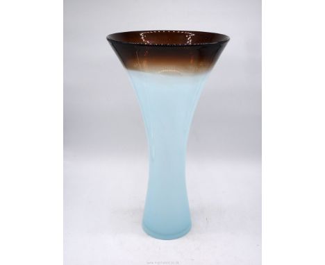 A tall glass trumpet Vase in light blue merging with brown rim and having a thick clear base with polished round pontil, 19 1