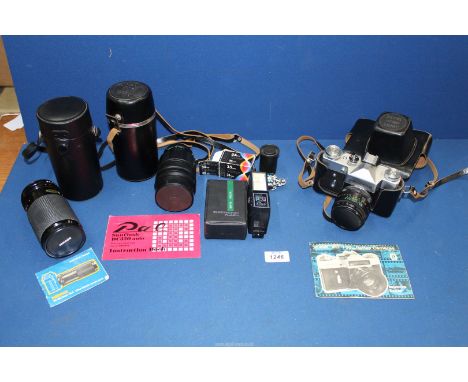 A Zenith 'B' SLR camera in case with 18-55mm lens, telephoto lens in case (Tair) and Mirage 75-150mm zoom lens in case. Plus 