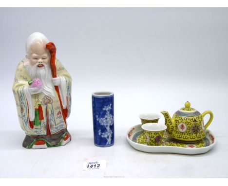 A Chinese brush pot in prunus pattern, 4" tall, large Chinese model of a Sage (Wise man), his robe decorated with oriental sy