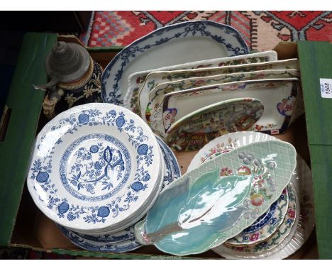 A quantity of china including 'Blue Onion' soup plates, Clarice Cliff leaf dish, sandwich plates etc.
