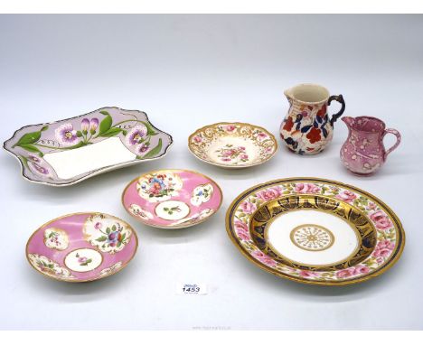 A small quantity of early china including a  Wedgwood dish in lilac ground, a small pink splash lustre jug, possibly Sunderla