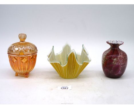 A handkerchief vase, Channel Island ruby vase and a preserves jar.
