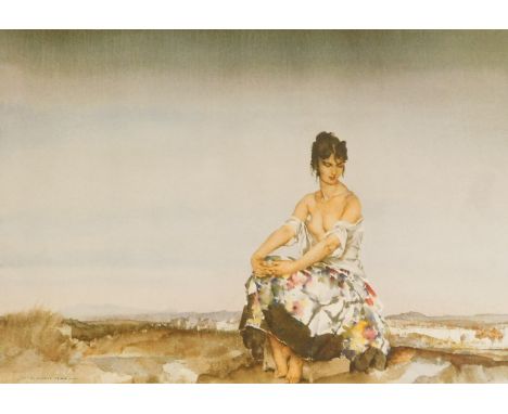 After William Russell Flint. female in rocky shore scape, limited edition print, number 770/850, 43cm x 60cm, in ornate frame