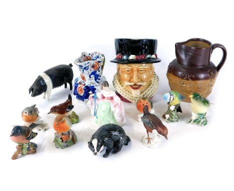 A group of Beswick Doulton and Goebel ceramics, comprising a Doulton stoneware jug, a Staffordshire character jug The Beefeat