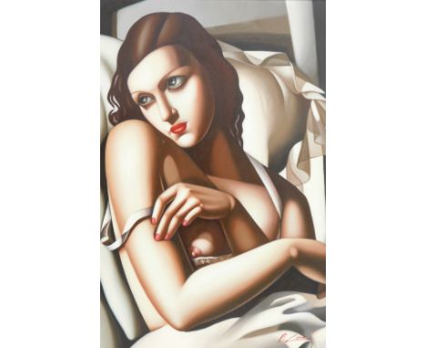 After Tumarn de Lempicka. Female nude, in bedroom, ink offset lithograph, 94cm x 60cm, in silvered frame.