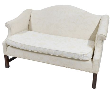 A 20thC mahogany framed two seater sofa, on a white embroidered floral upholstery, on H frame base, 84cm high, 138cm wide, 77