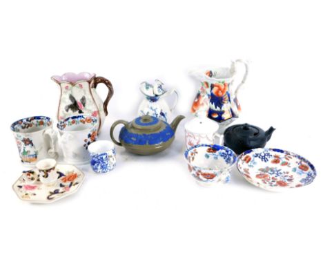 Pottery and porcelain, comprising a Mason style octagonal jug, a Mason Mandalay pattern candlestick and stand, a Dresden blue