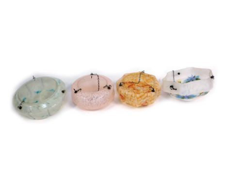 Four 1940's/1965's light shades, comprising a white and orange mottled example, a white floral painted example, pink mottled 