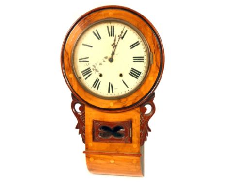 A 19thC walnut drop dial wall clock, with large circular dial on cream painted surround, with Roman numerals, with parquetry 