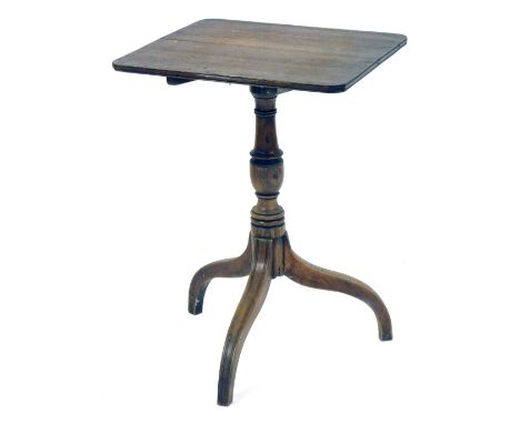 A light oak table, the square top with rounded corners, on reeded tripod base, 71cm high, 49cm wide, 48cm deep.