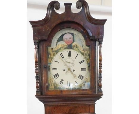 A late Georgian mahogany longcase clock, with ebony cross banding and box wood line inlay, the broken arch dial with moon pha