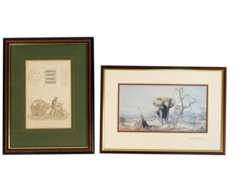 After David Shepherd. An elephant print, and a Garrett &amp; Son Suffolk corn drill with forge steerage print, after J W Lowr